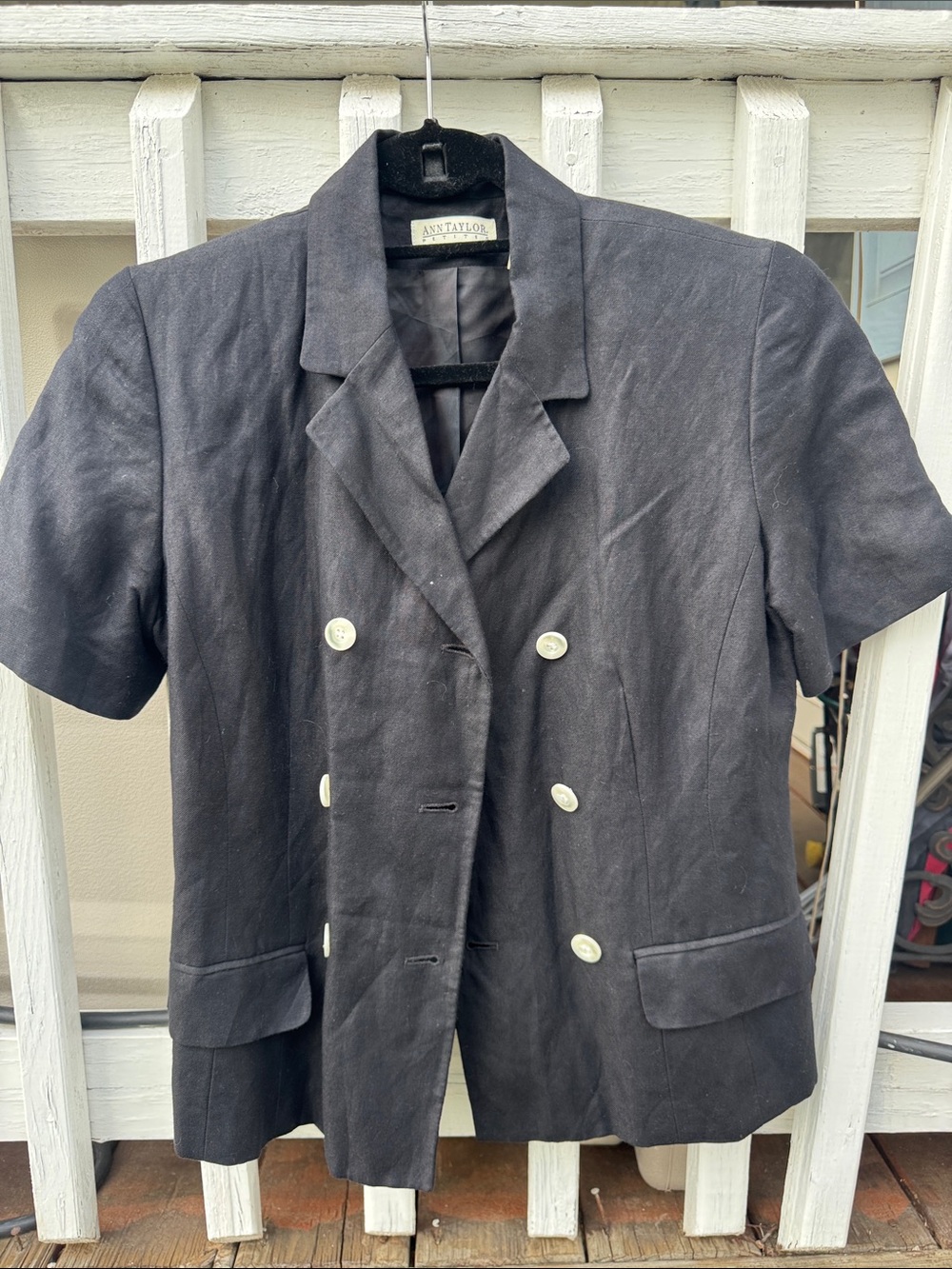 Ann Taylor Black Short-Sleeve Double-Breasted Blazer with Contrast Buttons